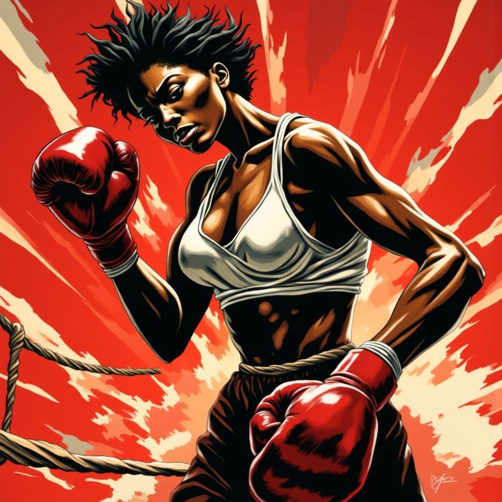 Black Female Boxer in Dynamic Graphic Illustration Style