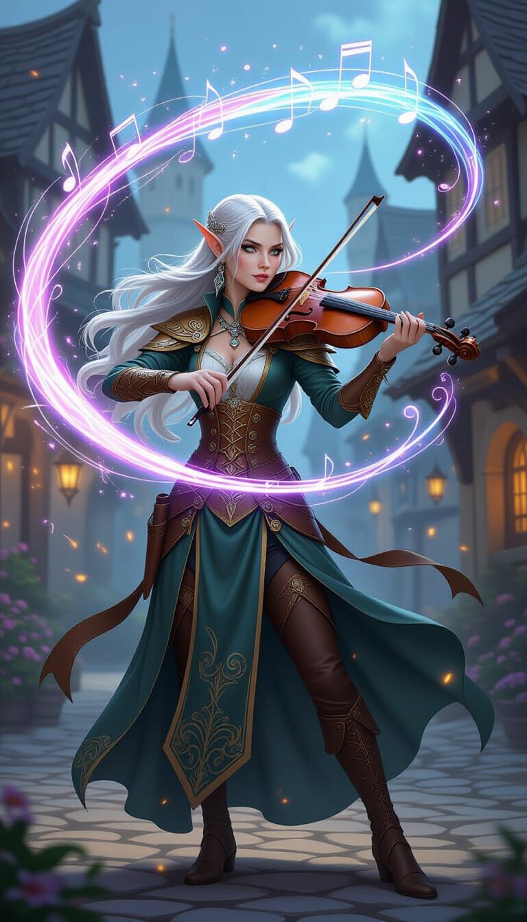 Elf Bard Weaving Magic with Violin in Fantasy Village