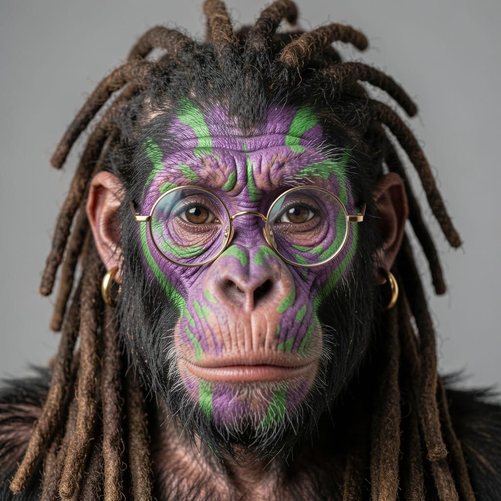 Anthropomorphic Ape Studio Portrait with Dreadlocks and Gold...
