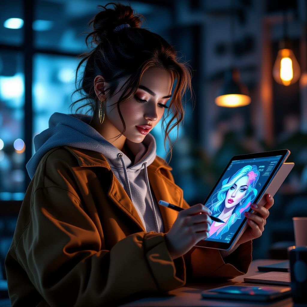 Trendy Woman Creates Digital Portrait on iPad