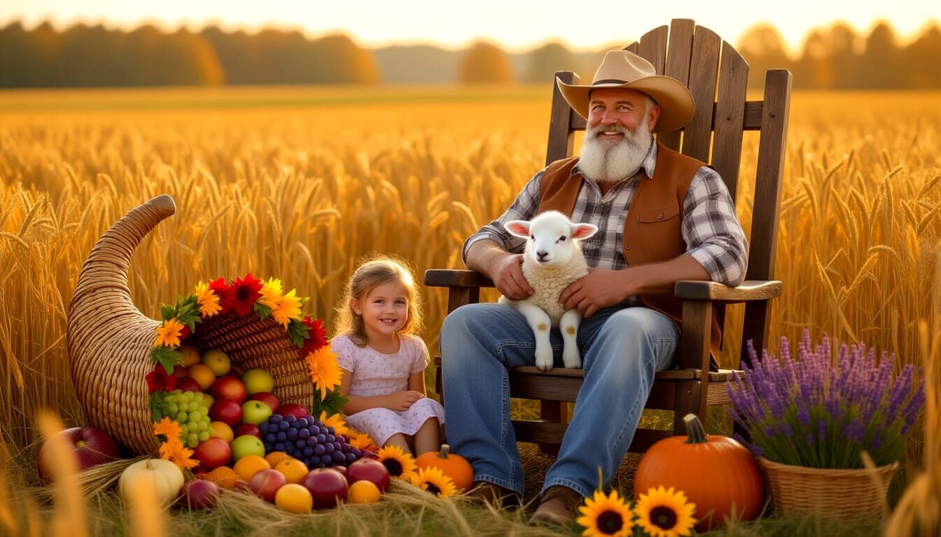 Farmer on Throne with Cornucopia of Harvest Abundance