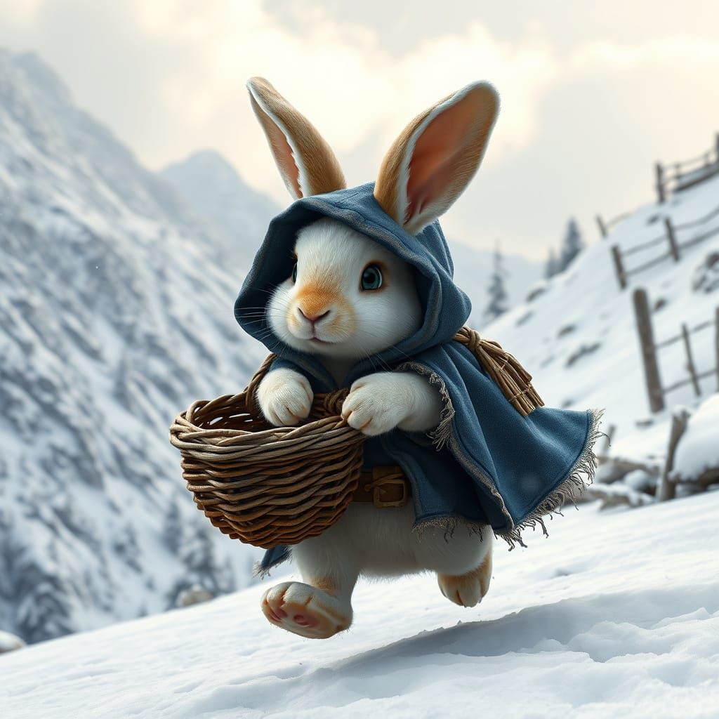 "Create a highly detailed image of a small white rabbit char...