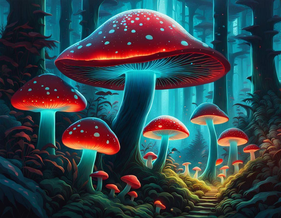 Bioluminescent Mushroom Forest in Digital Painting Style