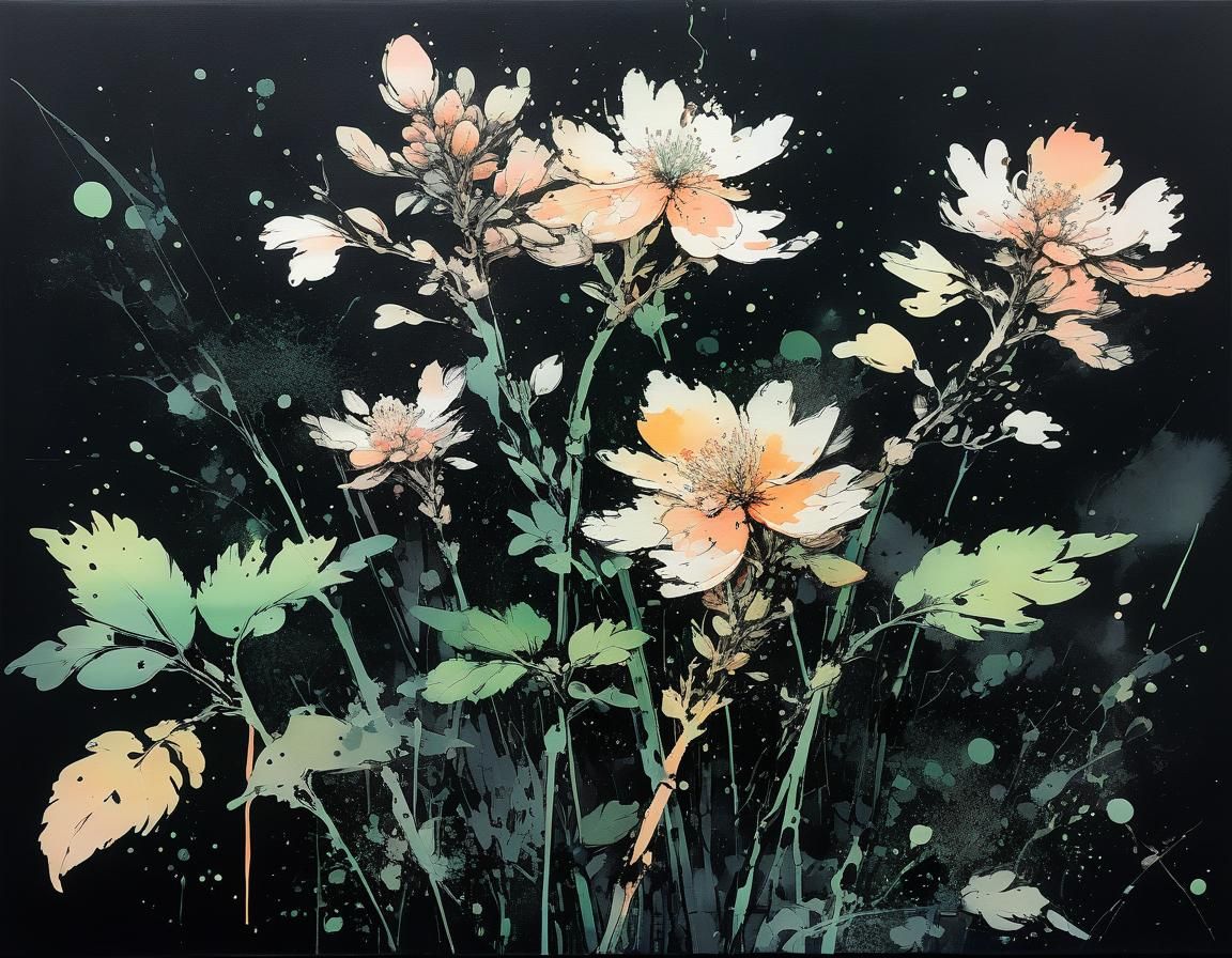 Botanical Pixel Art with Ink Splashes