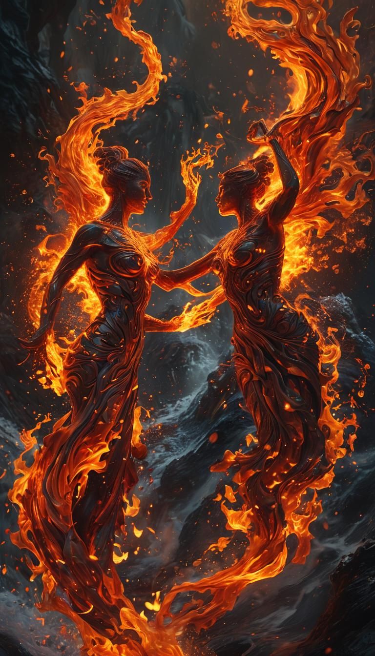 Fire Elementals Waltz in Fiery Landscape, Digital Art