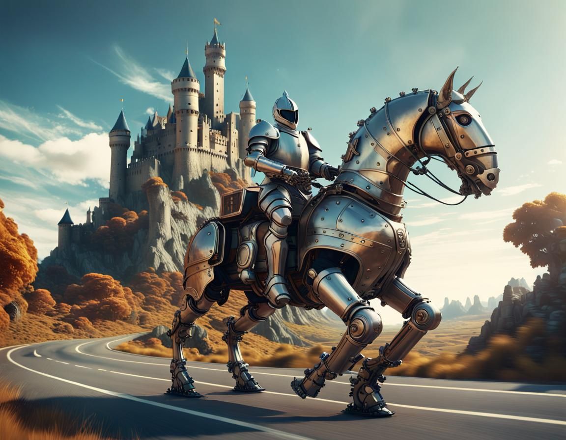 Knight on Robot Horse to Castle: Steampunk Concept