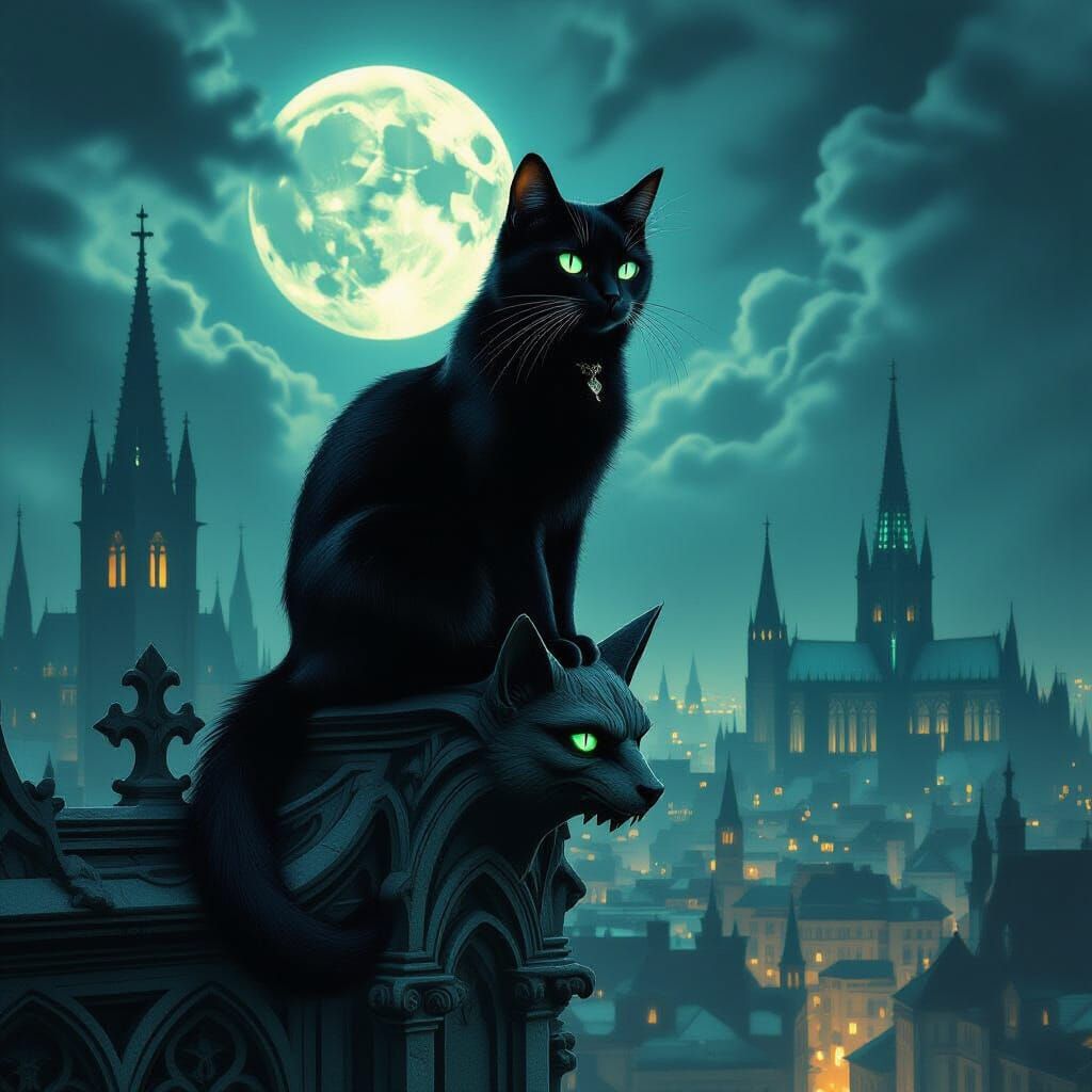 Majestic Cat Guardian on Gothic Gargoyle in Moonlit City