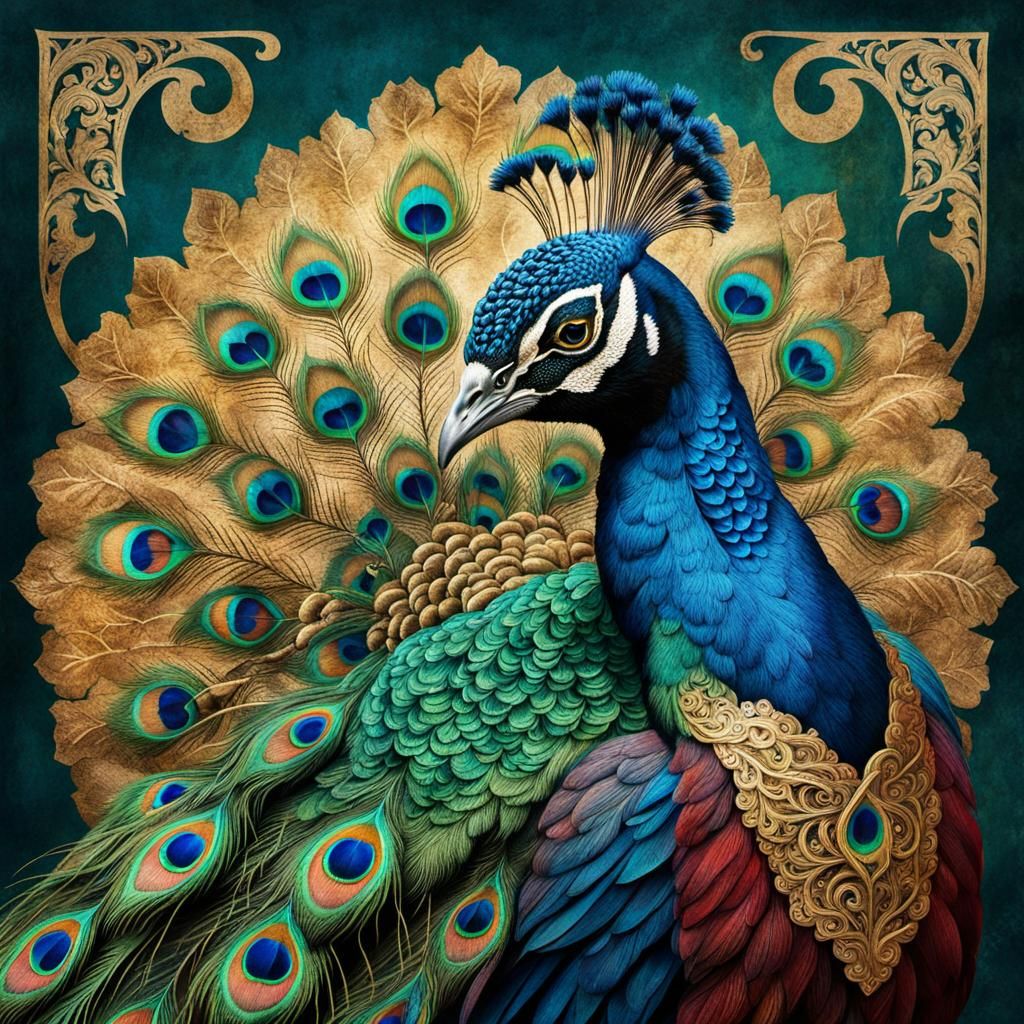 Peacock and Medieval Letter in Mixed Media