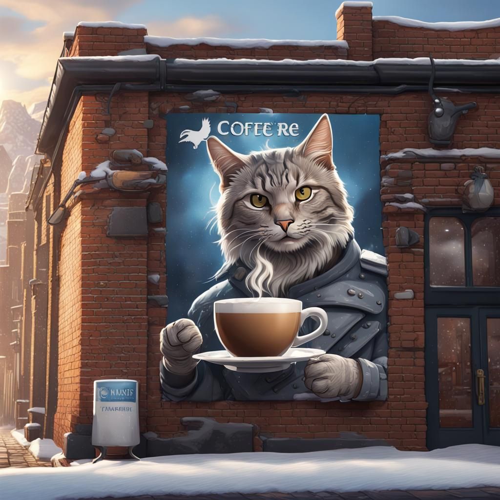 Grey Tabby Cat Coffee Logo on Snowy Morning
