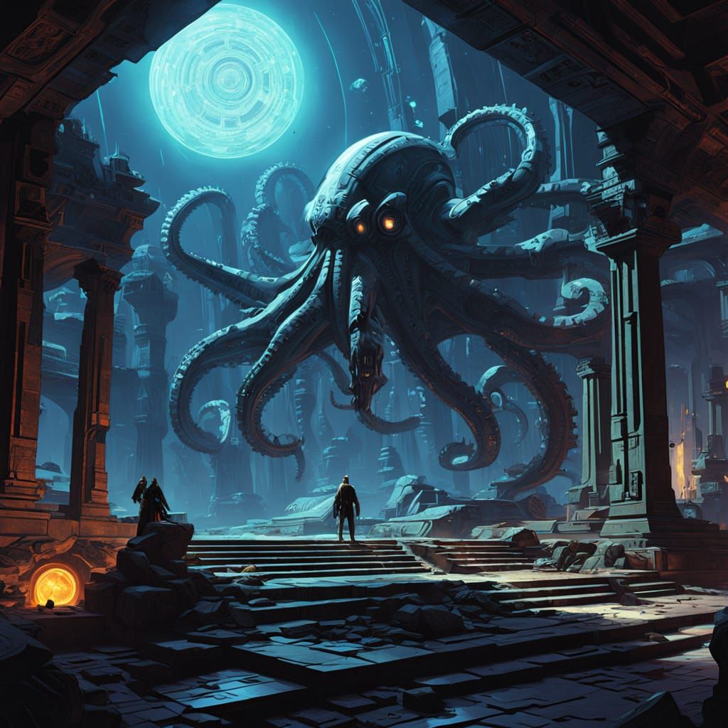 Clockwork Kraken Emerges in Cosmic Ruins, Digital Matte Pain...