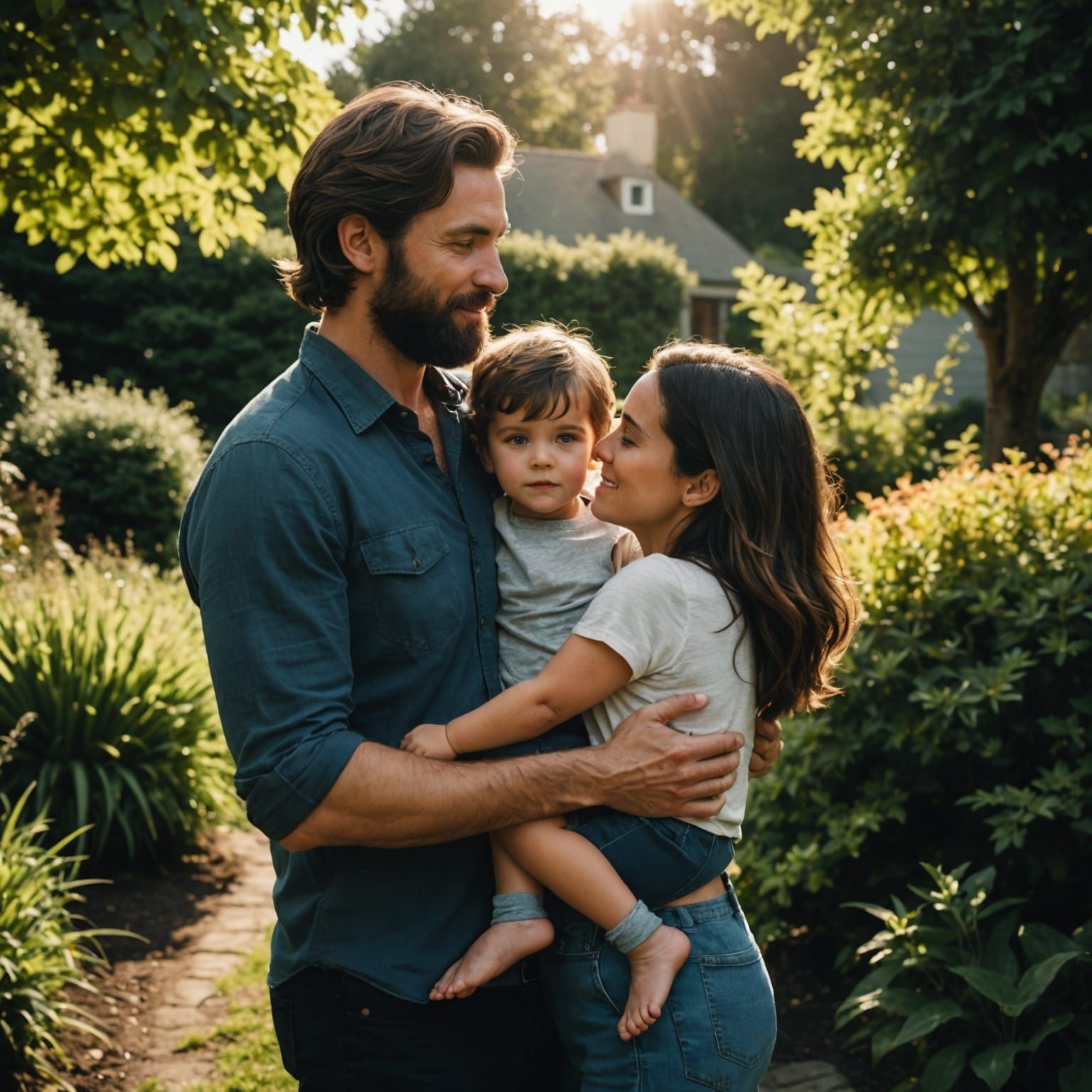 Family Portrait in Sunlit Garden, Cinematic Film Still