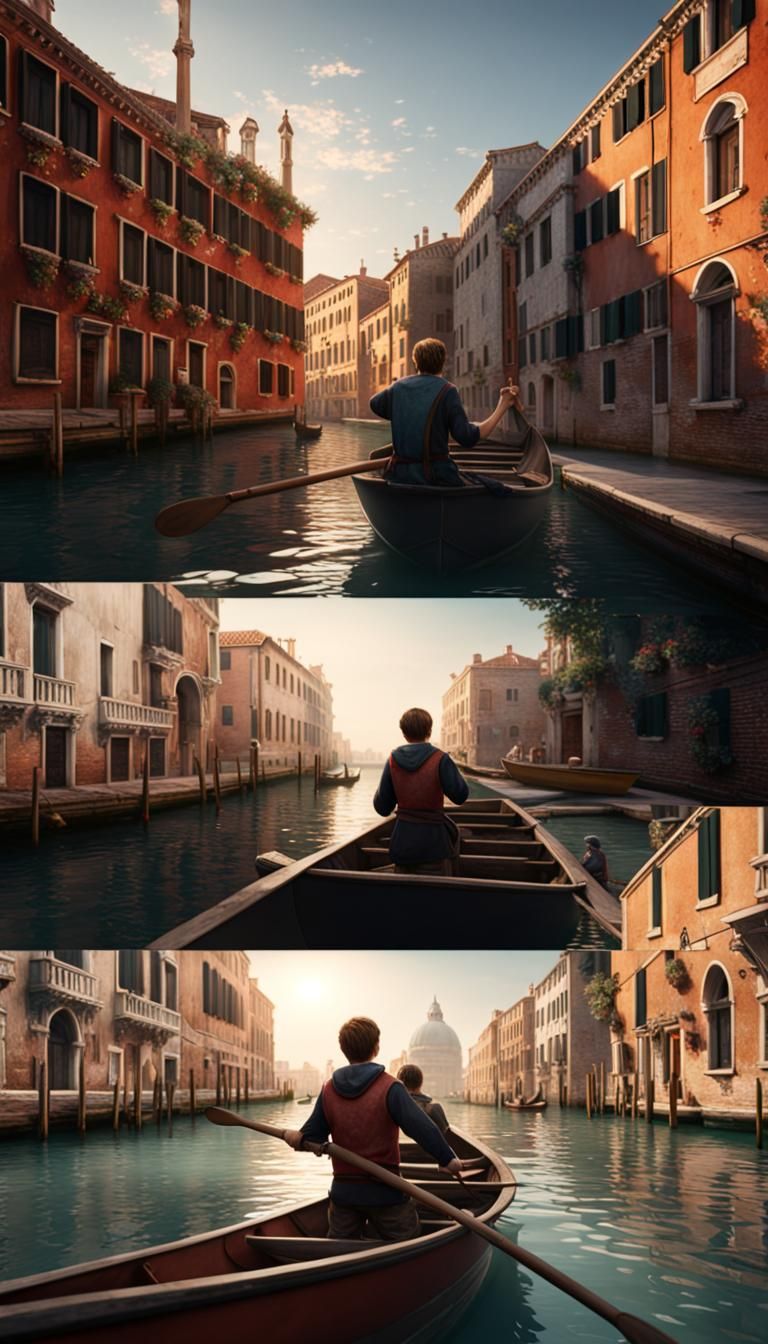 Venice Scene: Boy Rowing Boat, Detailed Matte Painting