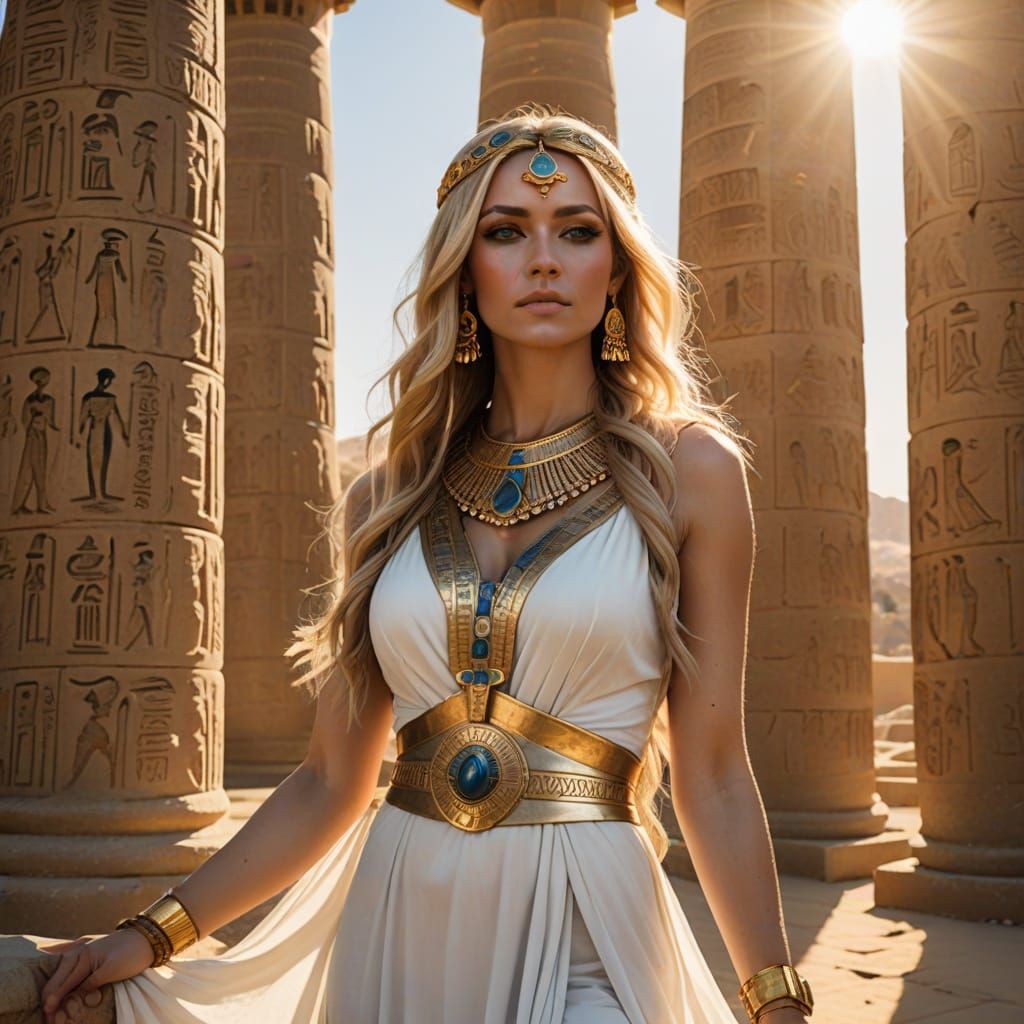 Blonde Woman in Egyptian Temple Photograph