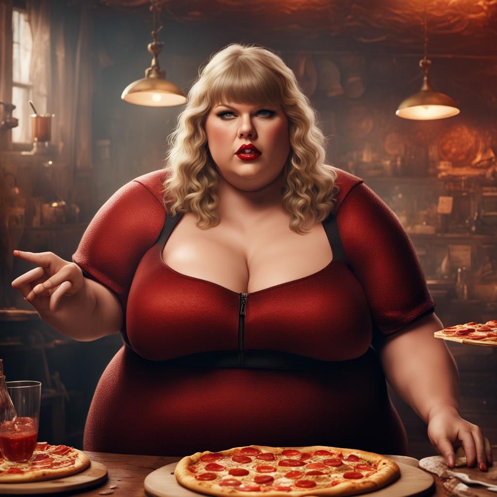 Morbidly Obese Woman Eating Pizza: Detailed Matte Painting