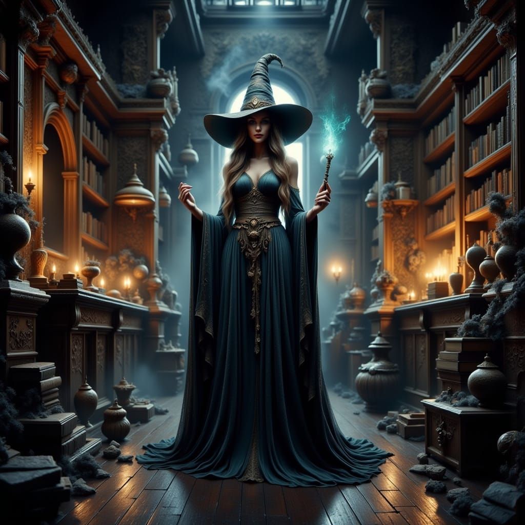 Confident Wizard in Cozy Library, Frazetta Style