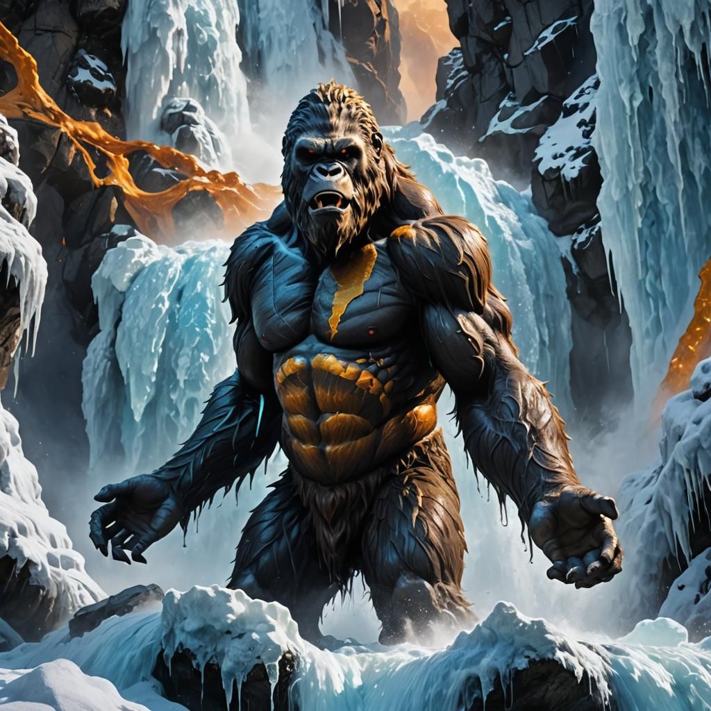 King Kong at Icy Waterfall: Photorealistic Fantasy Art