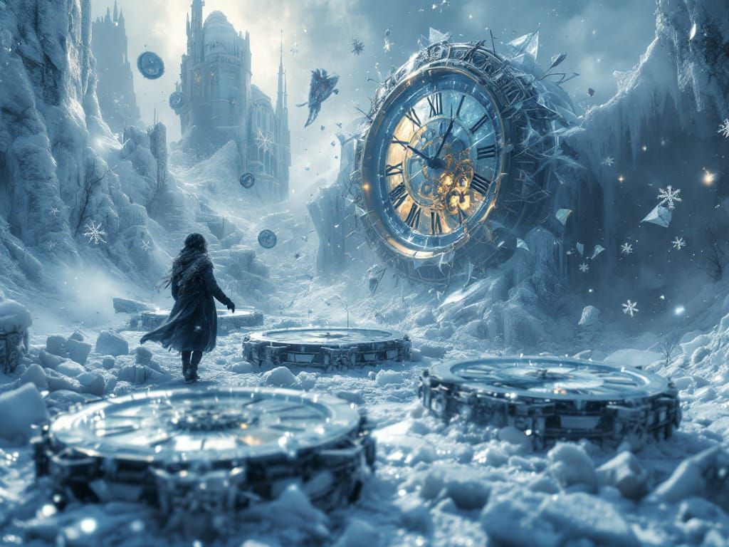 Shattered Grand Clock in Icy Timescape