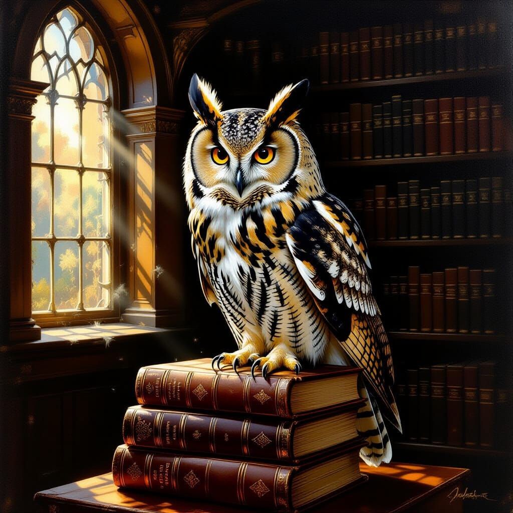 Majestic Owl on Tomes in Dim Library, Romantic Realism Style