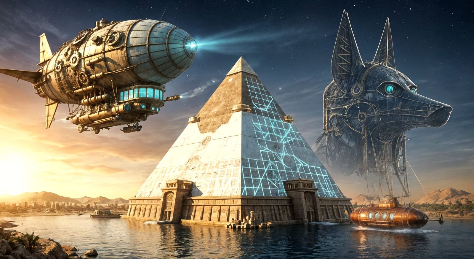 Steampunk Airship Over Egyptian Pyramid in Cinematic Style