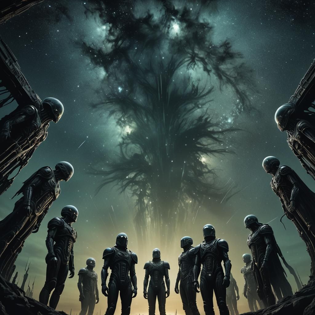 Cosmic Surrealism: Heroes Under Ominous Starry Sky