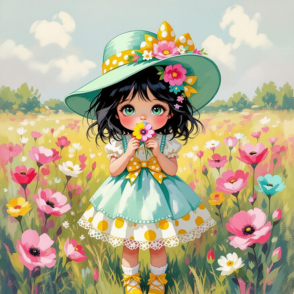 Whimsical Girl in Flower Field, Oil Painterly Style