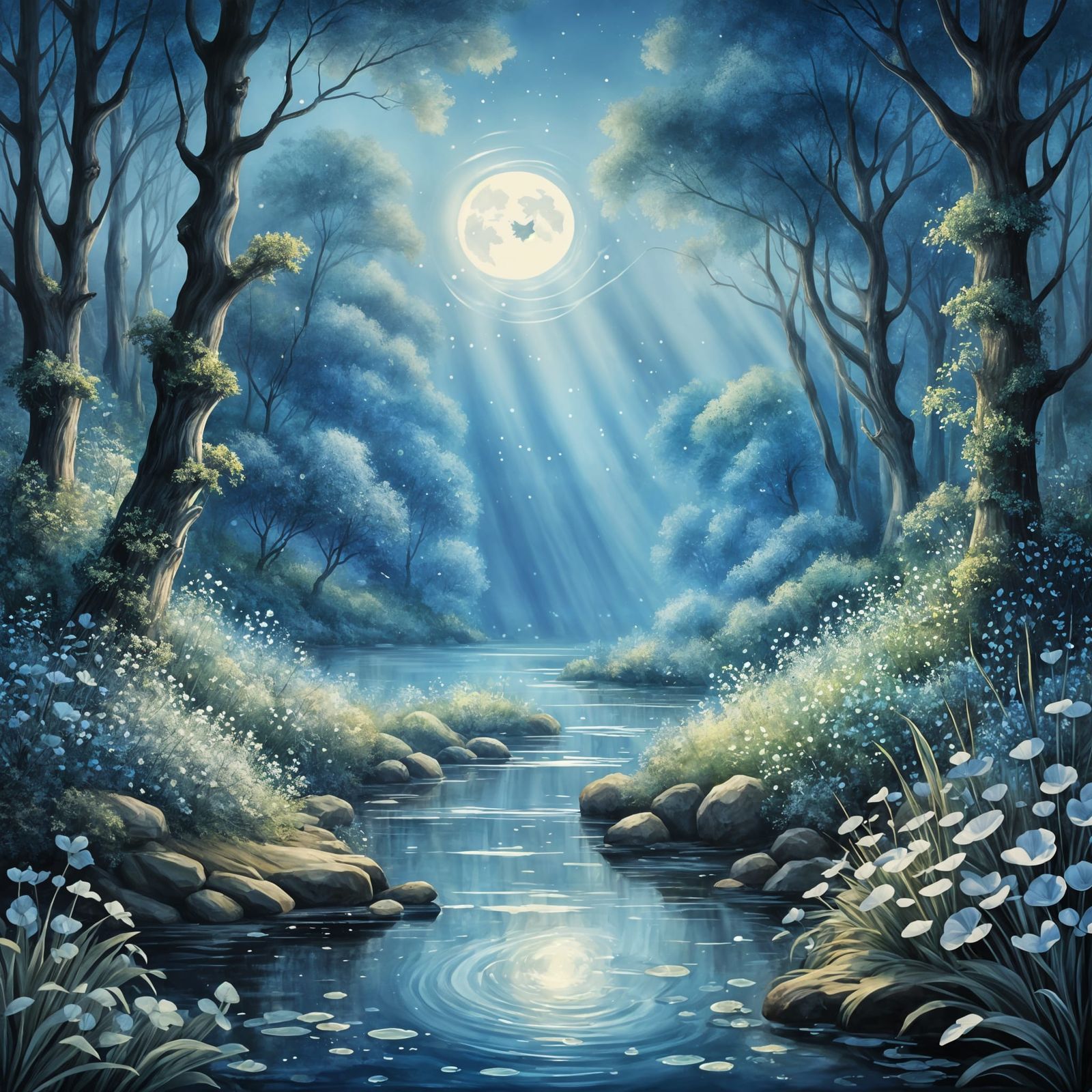 Enchanted Forest Stream in Moonlight