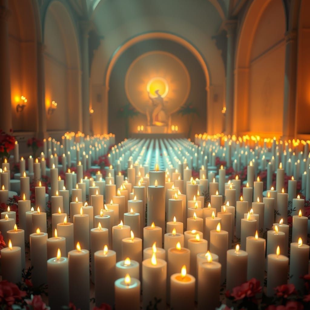 Serene Memorial Scene with Intricate Candle Arrangement