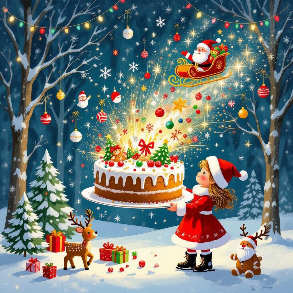 Whimsical Christmas Forest with Girl and Exploding Cake