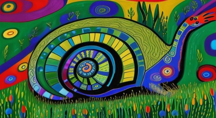 Colorful Snail in Meadow, Hundertwasser Style