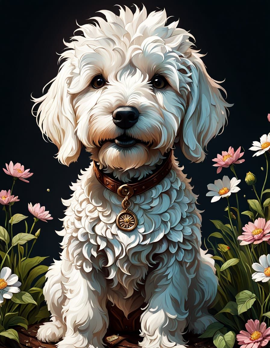 Charming White Goldendoodle in Vibrant Floral Garden