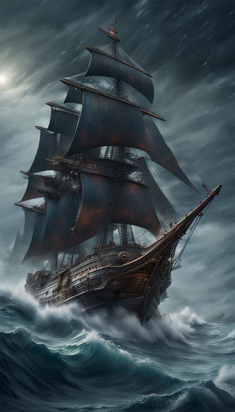 Metallic Man O' War Ship in Stormy Seas