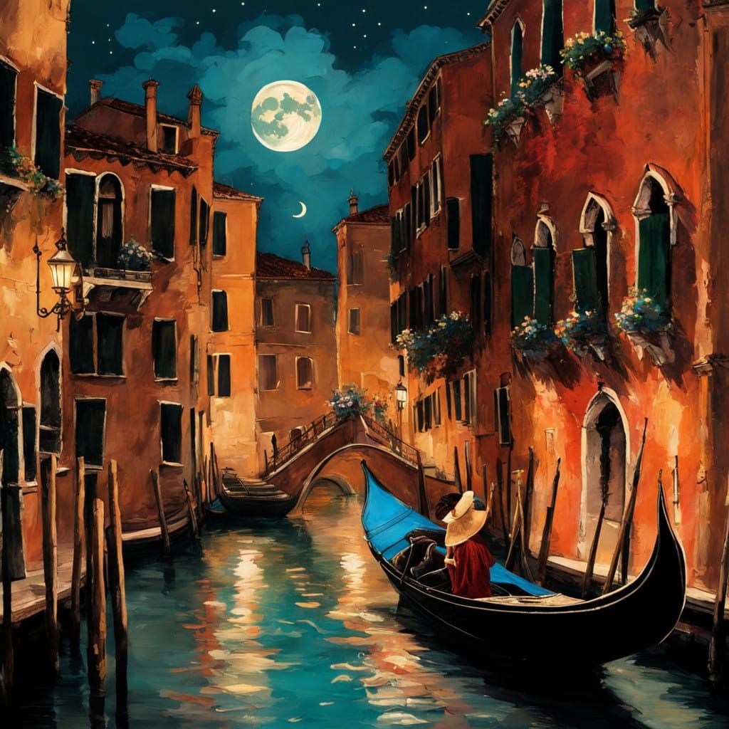 Romantic Venice Nightscape with Gondola and Moonlit Canal