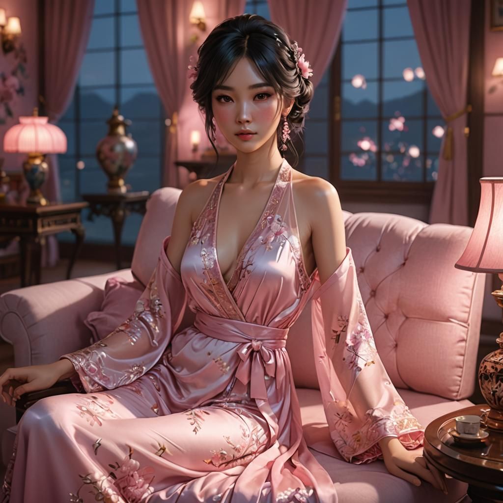 Oriental Woman in Pink Boudoir: 3D Anime Art