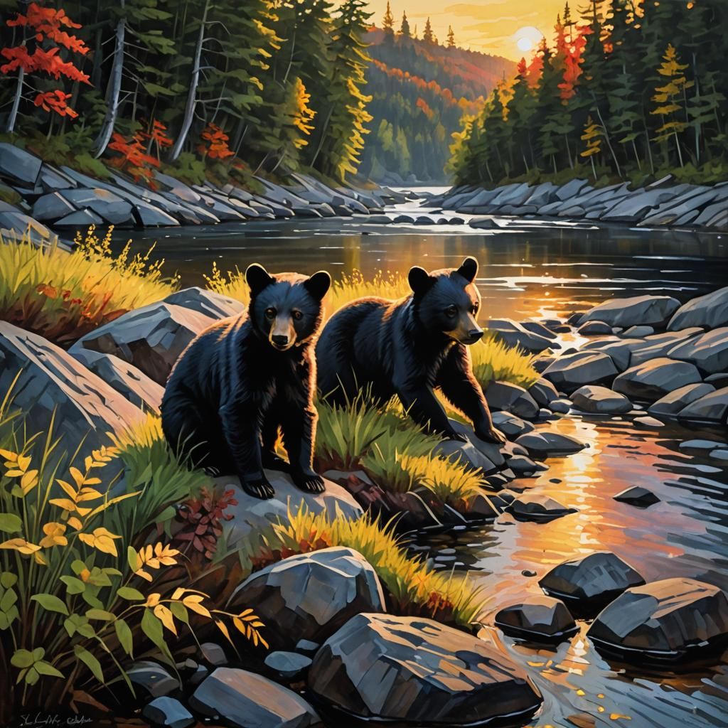 Black Bear Cubs Snuggling: An Impasto Watercolor