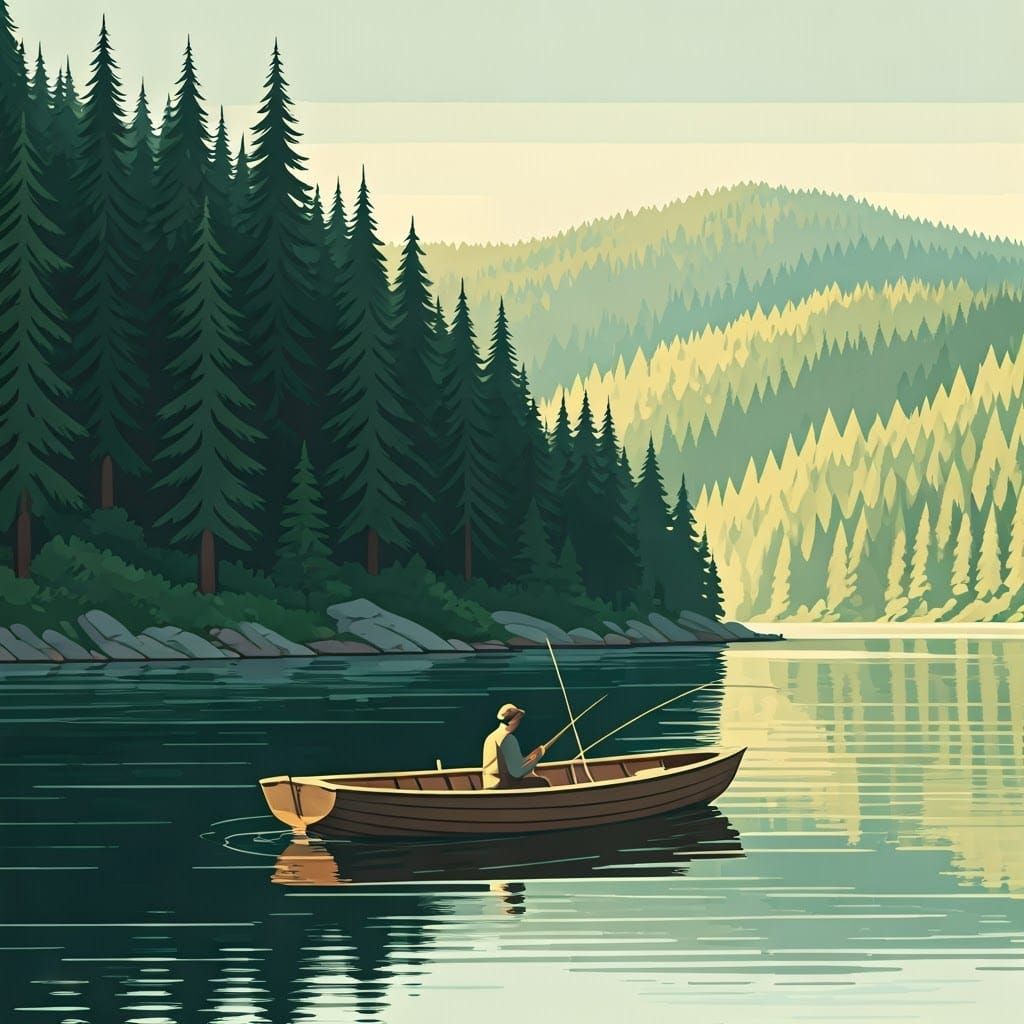 Vintage Lakeside Fishing Scene in Hand-Drawn Style