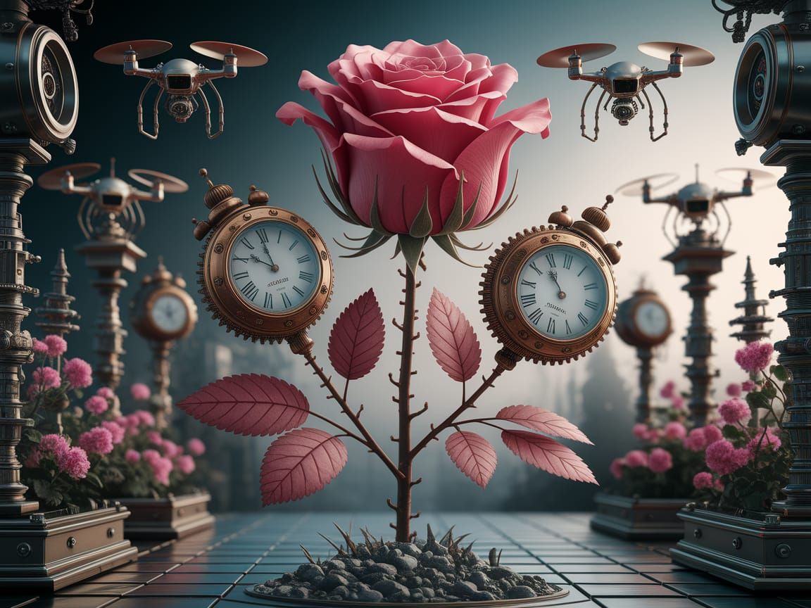 Steampunk Rose in Robotic Garden: Surreal AI Art