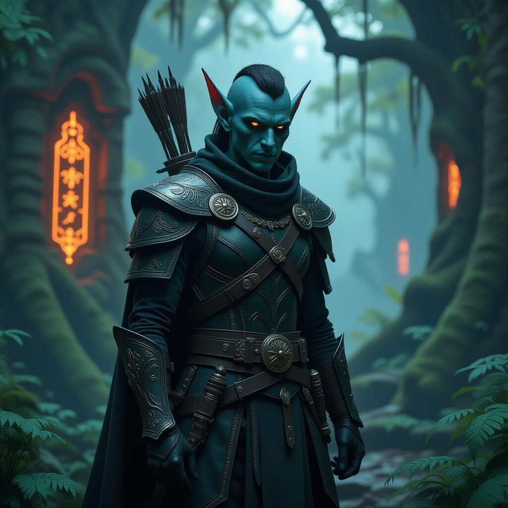 Goblin Drow Hybrid in Mystical Forest, Digital Art