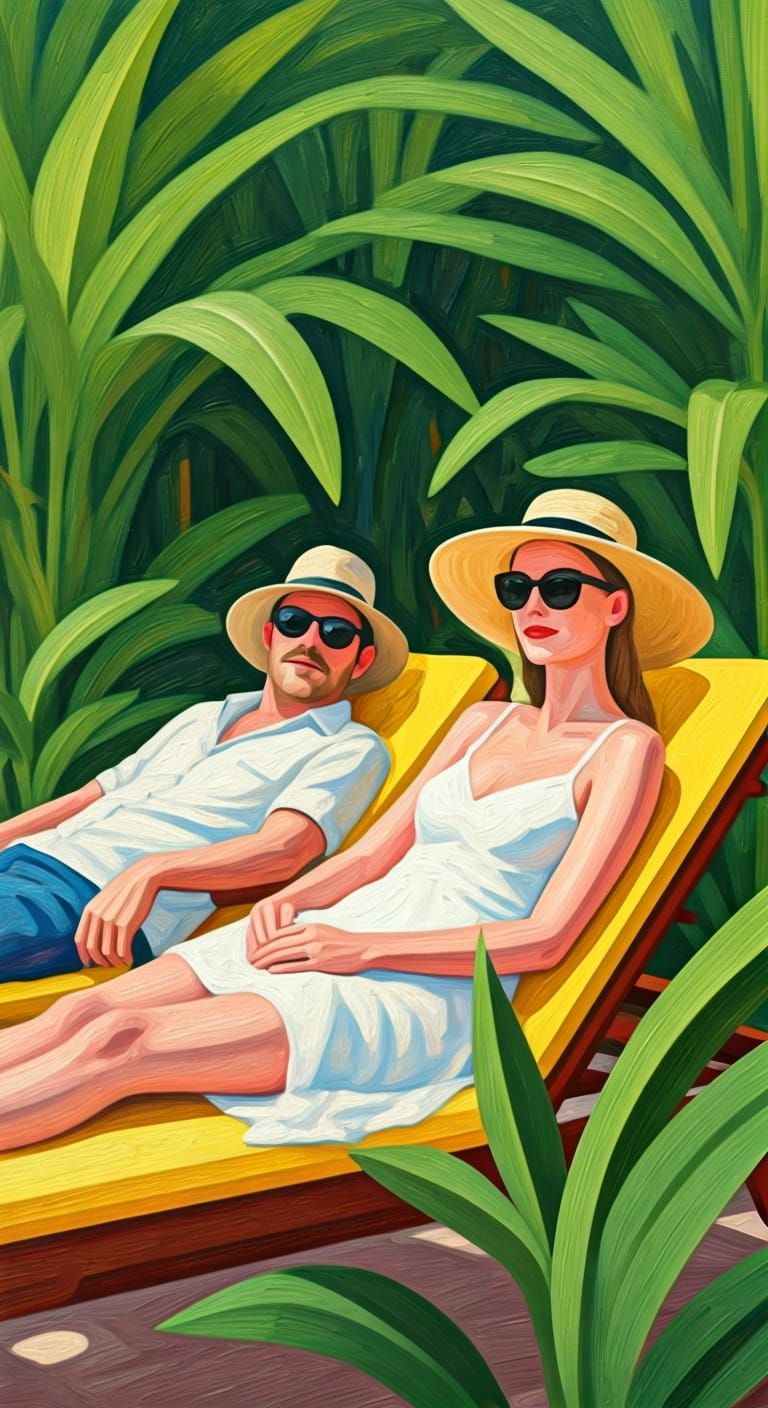 Couple Relaxing in Tropical Hockney Style