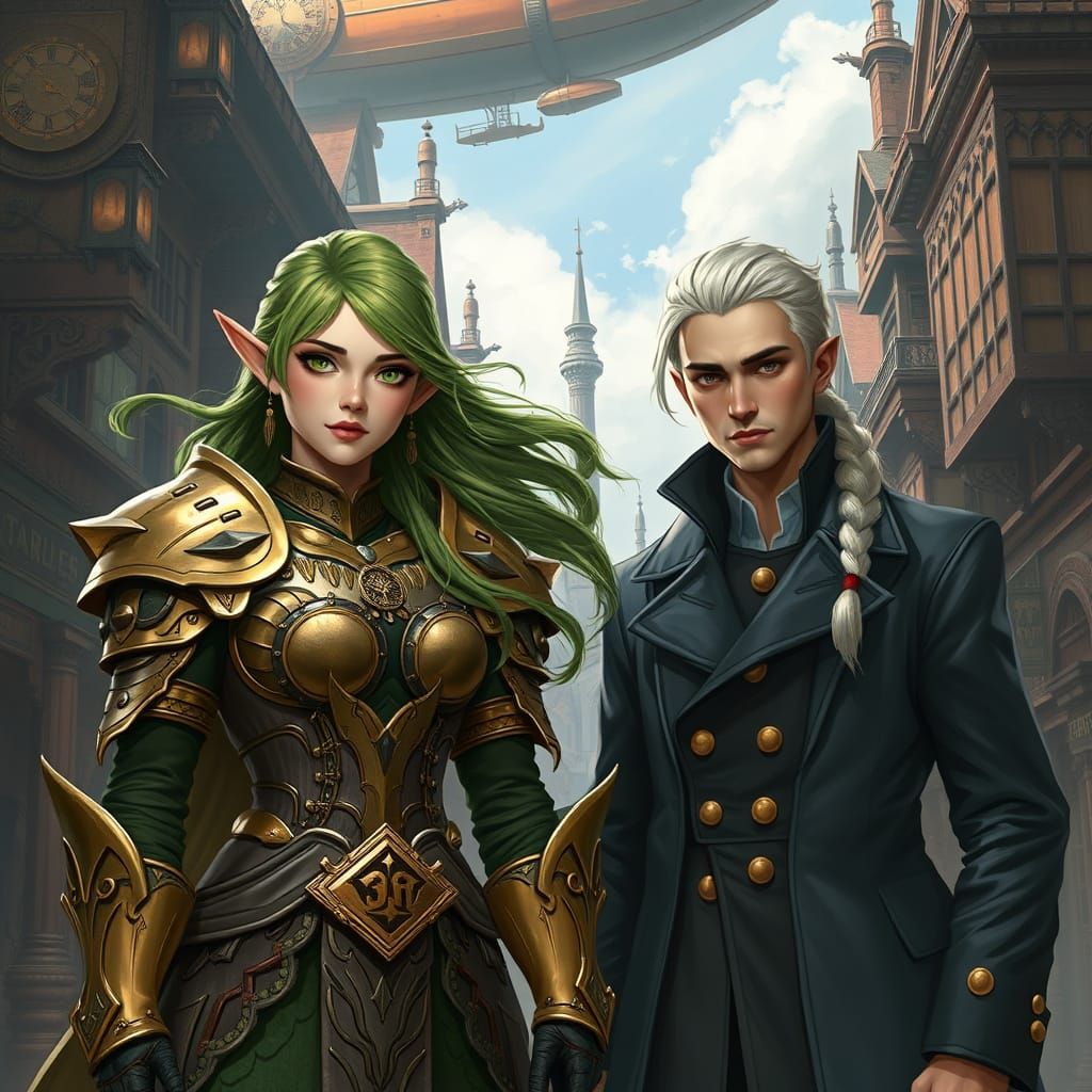 Elegant Steampunk Warrior in Vivid Marketplace