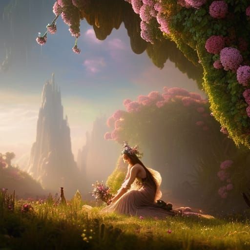 Wildflower Fairies Dancing in Garden, Digital Art