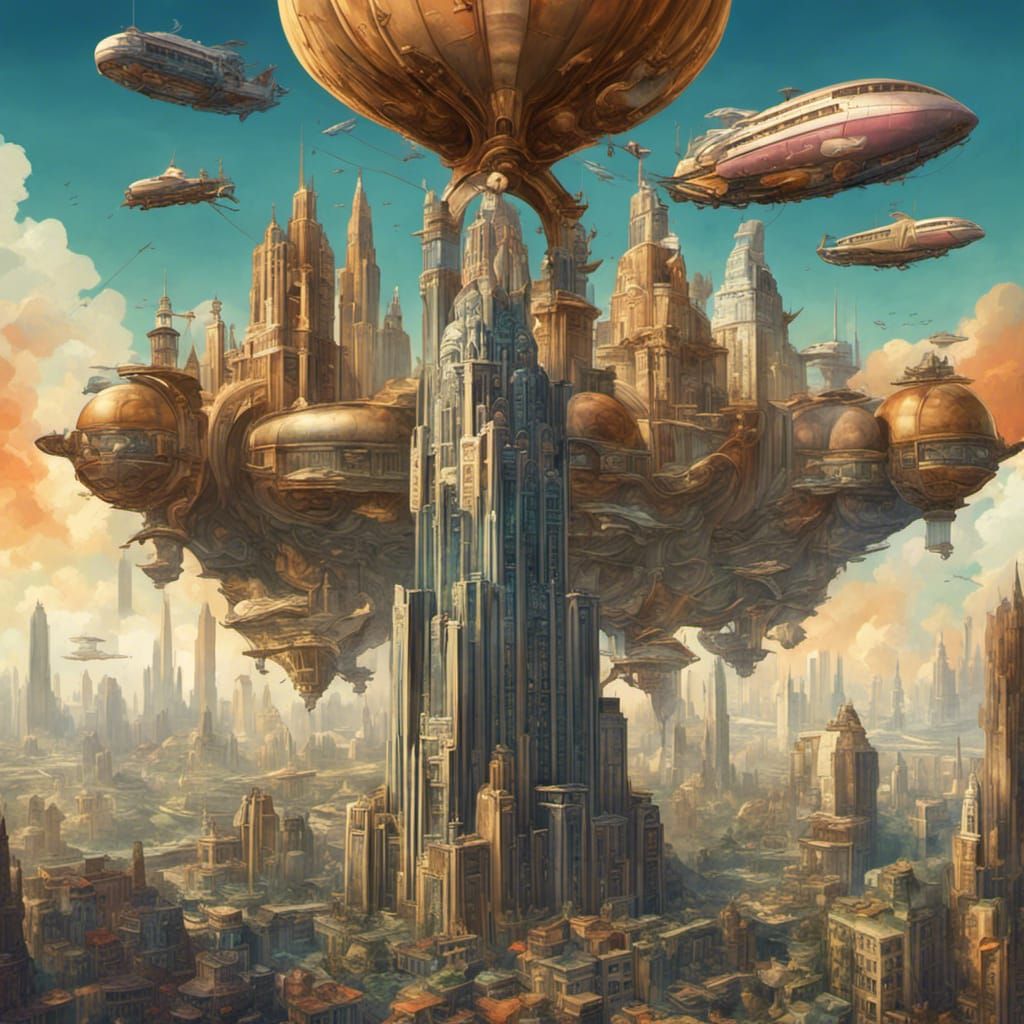 Art Deco Metropolis with Angel Statues and Airships