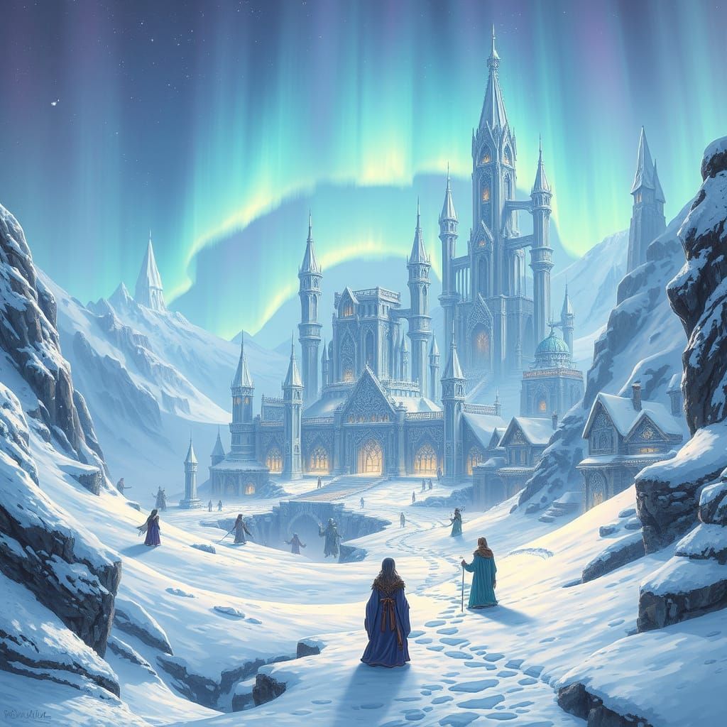 Ethereal Snow Elf City Under Aurora Borealis in Fantasy Art ...