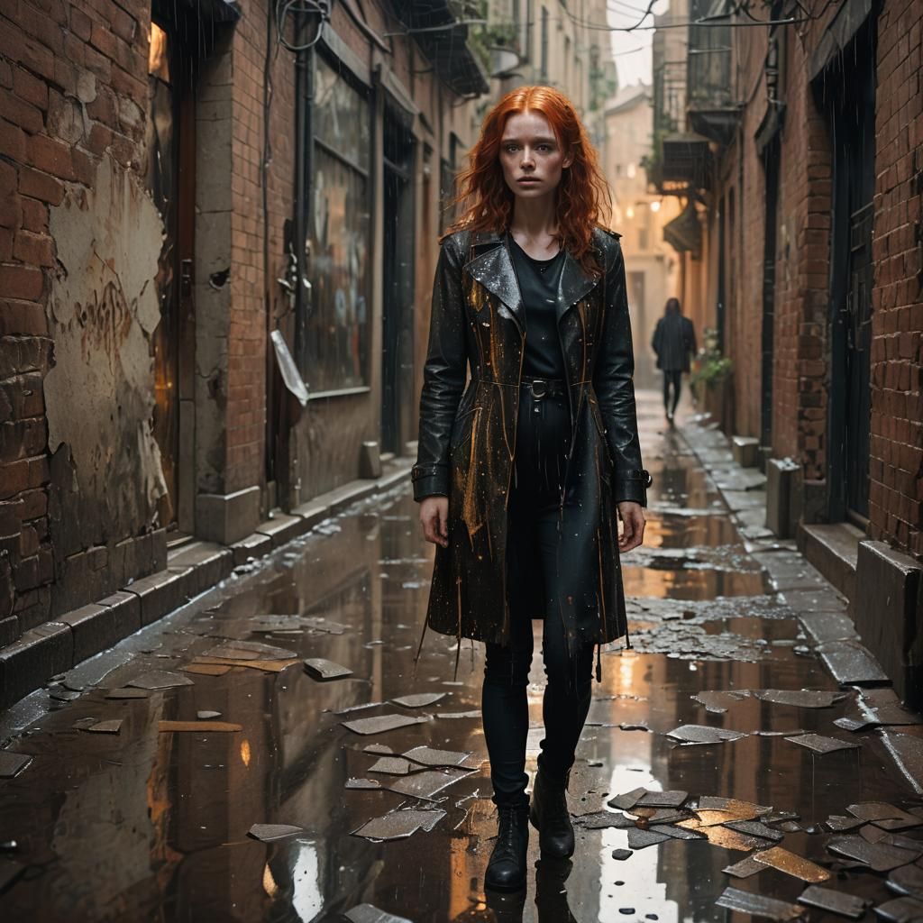 Redhead in Rainy Alley Reflected in Broken Mirror