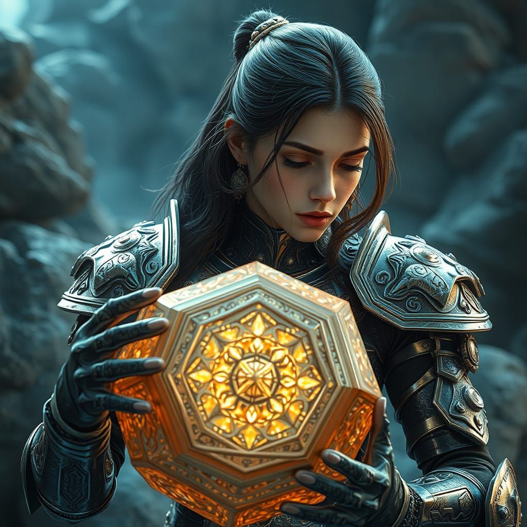 Woman Warrior Guarding Octahedron in Futuristic Style