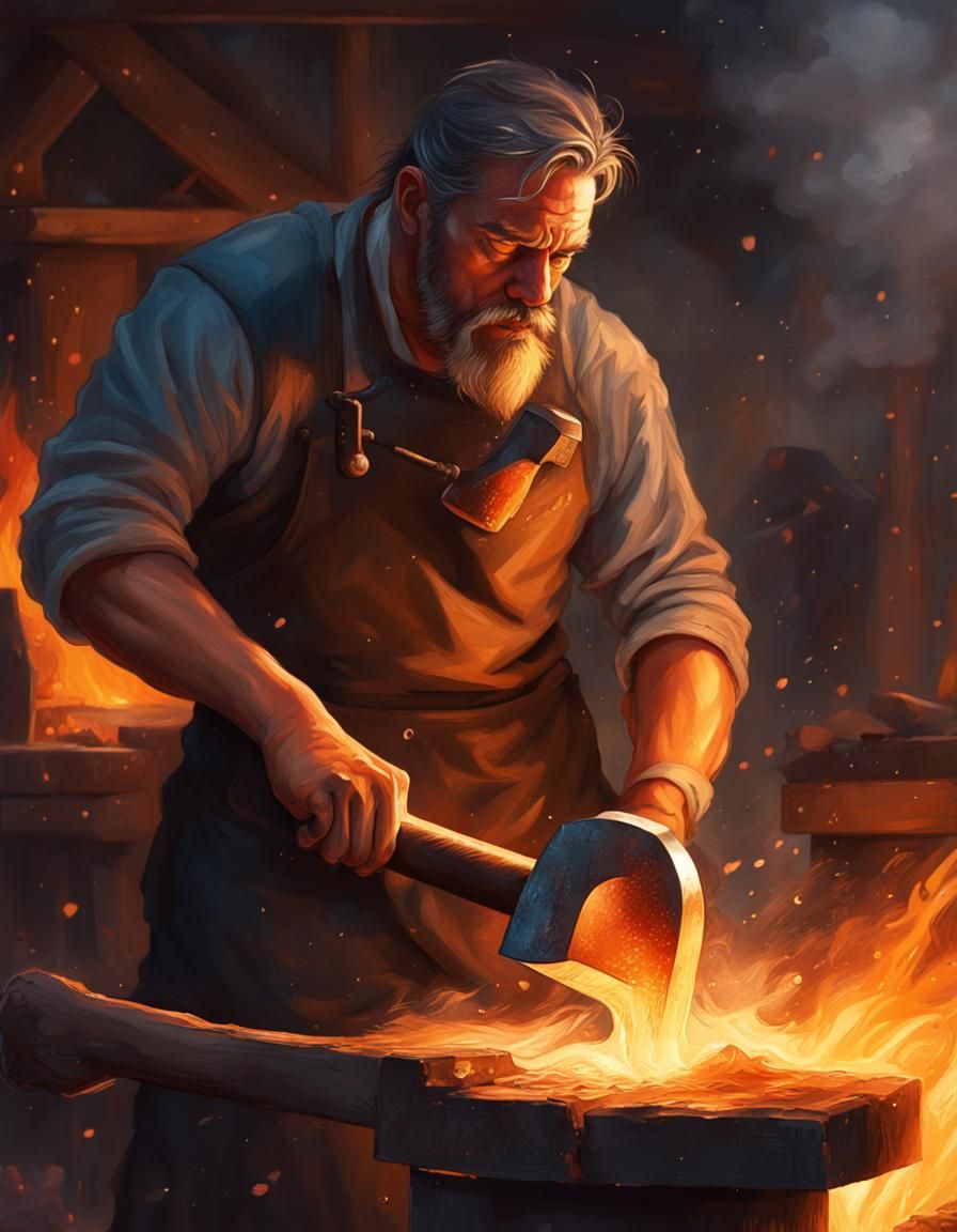 Hyperrealistic Blacksmith Forging Axe in Fantasy Style