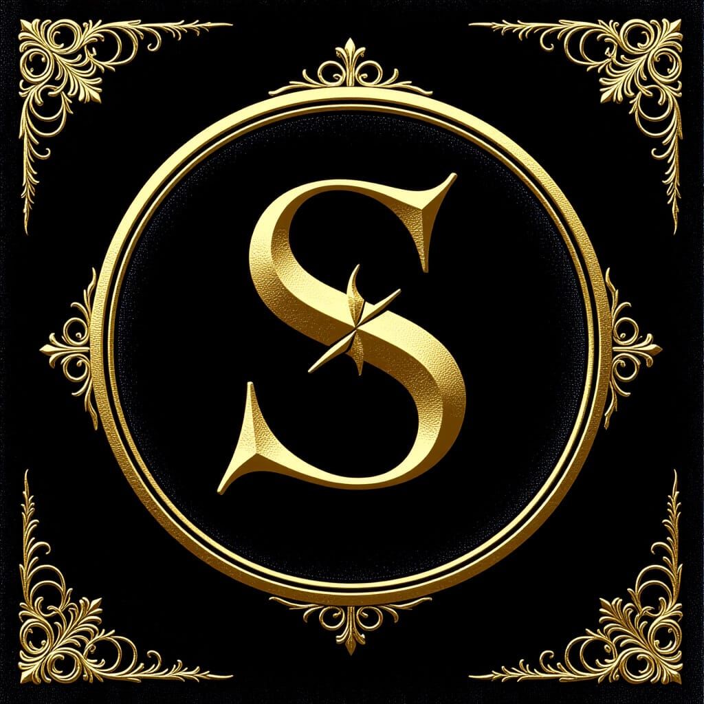 Golden Gothic Letter S on Black Velvet