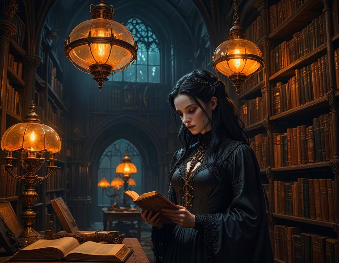 Gothic Librarian in Dark Library, Giger and Brom Style