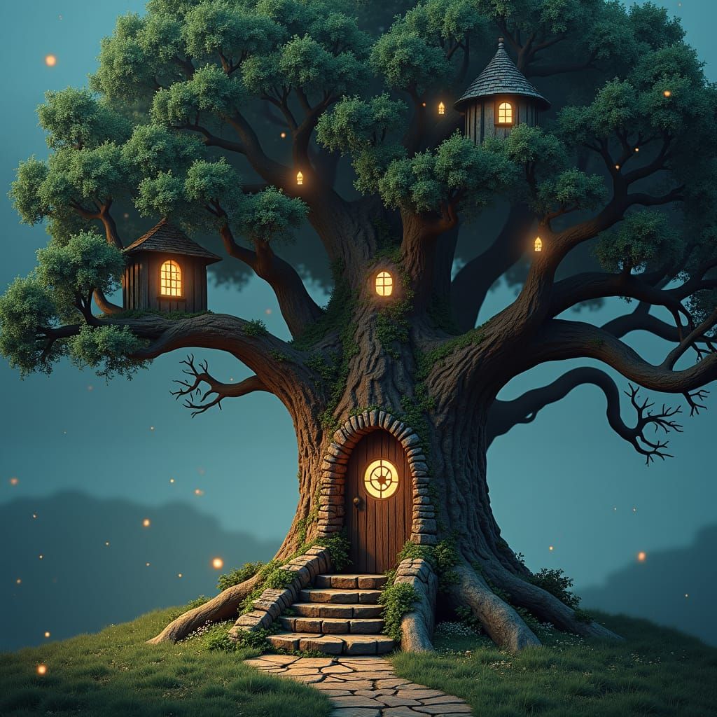 Enchanted Oak Tree with Hidden Door: Macro Photography