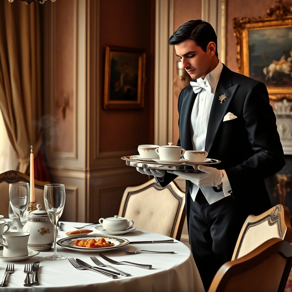Refined Butler Serves Breakfast in Elegant Dining Room