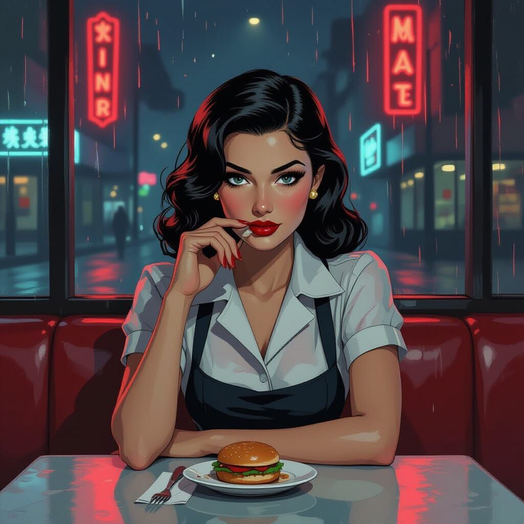 Waitress Portrait in Ominous Comic Noir Diner Style